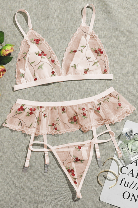 Set lenjerie sexy cu motiv floral, sutien, chiloti tanga si portjartiera TY-LX62roz [3]
