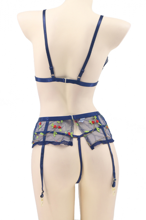 Set lenjerie sexy cu motiv floral, sutien, chiloti tanga si portjartiera TY-LX62bleumarin [2]