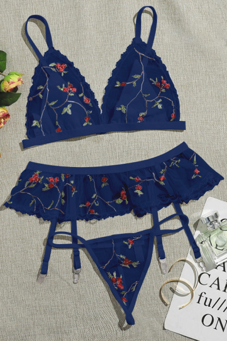 Set lenjerie sexy cu motiv floral, sutien, chiloti tanga si portjartiera TY-LX62bleumarin [3]