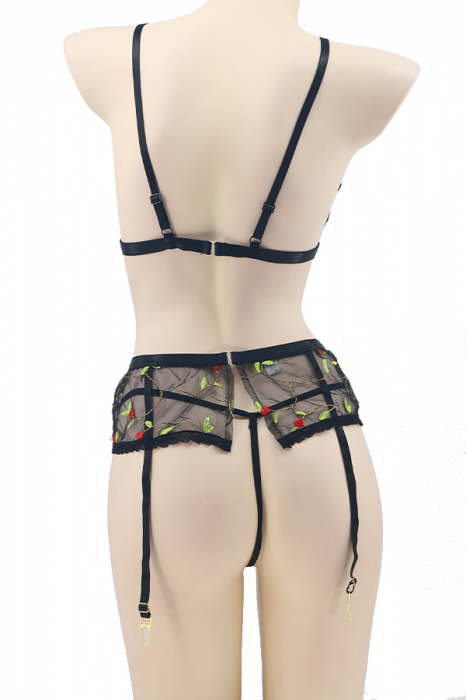 Set lenjerie sexy cu motiv floral, sutien, chiloti tanga si portjartiera TY-LX62negru [2]