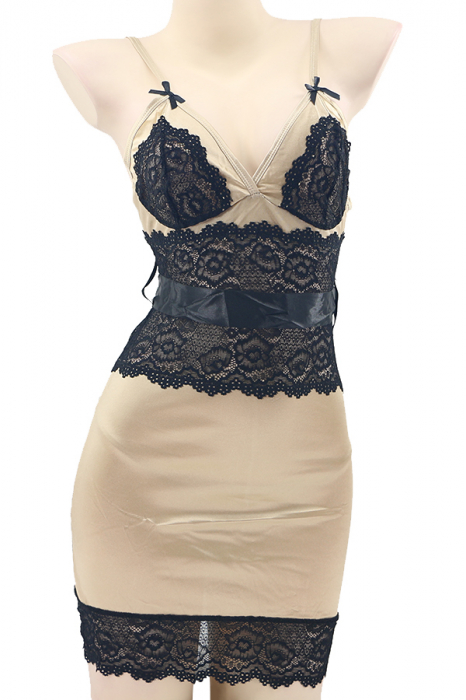 Set lenjerie sexy, rochita cu dantela, cordon si chiloti tanga TY-1739bej [2]