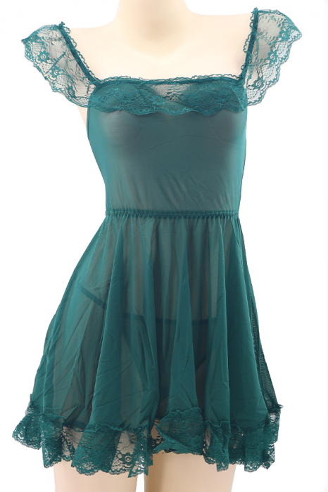 Set lenjerie sexy, rochita cu insertii dantela si chiloti tanga TY-S713verde [2]