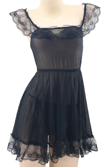 Set lenjerie sexy, rochita cu insertii dantela si chiloti tanga TY-S713negru [2]