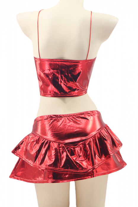 Set compleu sexy din piele sintetica lucioasa, top, fustita si chiloti tanga TY-PU66rosu [3]