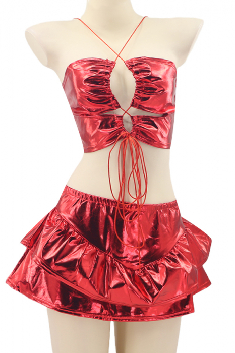 Set compleu sexy din piele sintetica lucioasa, top, fustita si chiloti tanga TY-PU66rosu [2]