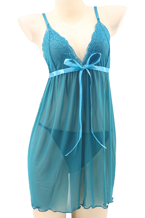 Set sexy, camasa de noapte transparenta, cordon si chiloti tanga TY-S665turcoaz [2]