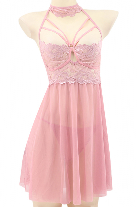 Set lenjerie sexy, rochita transparenta cu dantela si chiloti tanga TY-S553roz inchis [2]