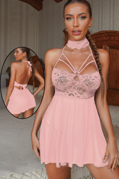 Set lenjerie sexy, rochita transparenta cu dantela si chiloti tanga TY-S553roz inchis [4]