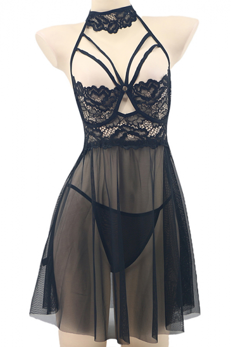 Set lenjerie sexy, rochita transparenta cu dantela si chiloti tanga TY-S553negru [2]