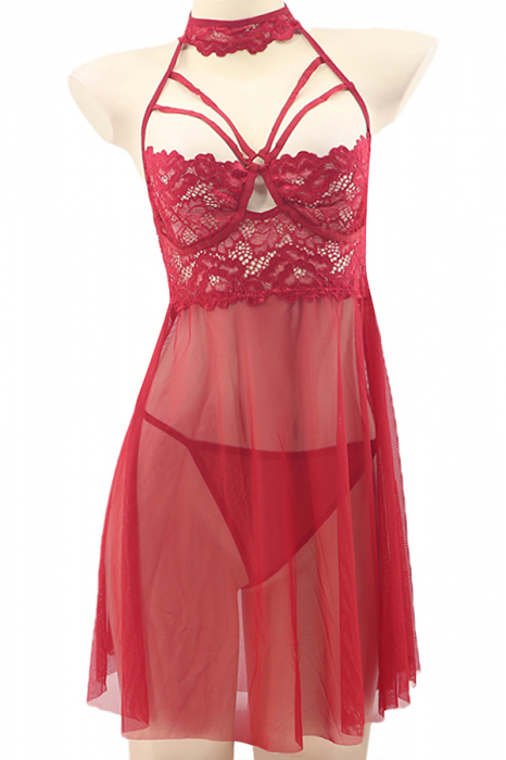 Set lenjerie sexy, rochita transparenta cu dantela si chiloti tanga TY-S553visiniu [2]