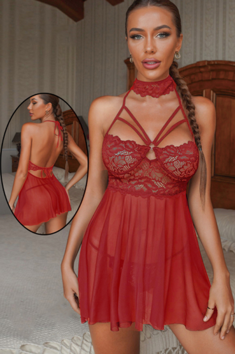 Set lenjerie sexy, rochita transparenta cu dantela si chiloti tanga TY-S553visiniu [4]