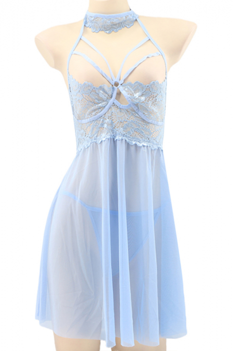 Set lenjerie sexy, rochita transparenta cu dantela si chiloti tanga TY-S553albastru [2]
