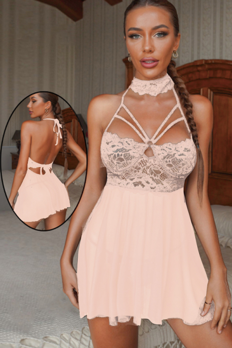 Set lenjerie sexy, rochita transparenta cu dantela si chiloti tanga TY-S553roz deschis [4]