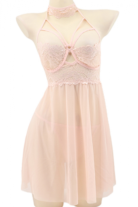 Set lenjerie sexy, rochita transparenta cu dantela si chiloti tanga TY-S553roz deschis [2]