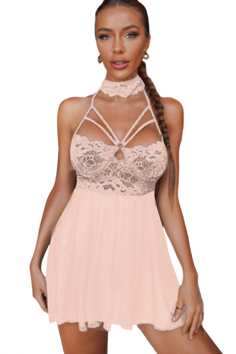 Set lenjerie sexy, rochita transparenta cu dantela si chiloti tanga TY-S553roz deschis [1]