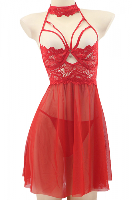 Set lenjerie sexy, rochita transparenta cu dantela si chiloti tanga TY-S553rosu [2]