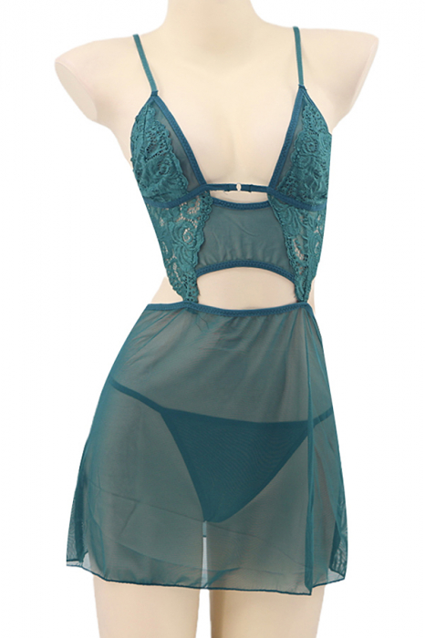 Set lenjerie sexy, rochita transparenta cu dantela si chiloti tanga TY-S566verde [2]