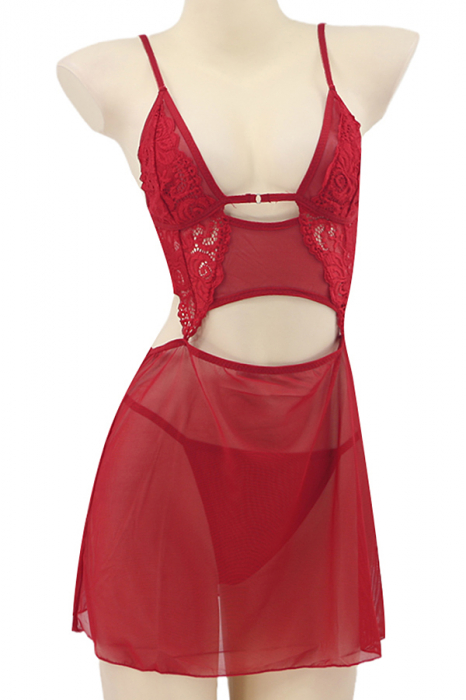 Set lenjerie sexy, rochita transparenta cu dantela si chiloti tanga TY-S566rosu [2]