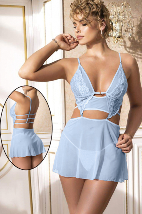 Set lenjerie sexy, rochita transparenta cu dantela si chiloti tanga TY-S566albastru [4]