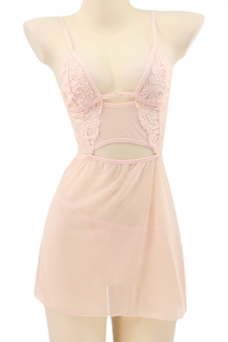 Set lenjerie sexy, rochita transparenta cu dantela si chiloti tanga TY-S566roz deschis [2]