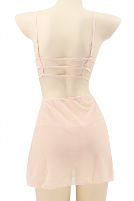 Set lenjerie sexy, rochita transparenta cu dantela si chiloti tanga TY-S566roz deschis [3]