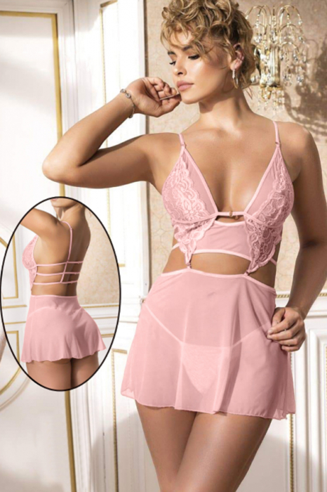 Set lenjerie sexy, rochita transparenta cu dantela si chiloti tanga TY-S566roz inchis [4]