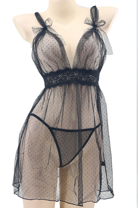 Set lenjerie sexy, rochita transparenta cu insertii dantela si chiloti tanga TY-S649negru [2]