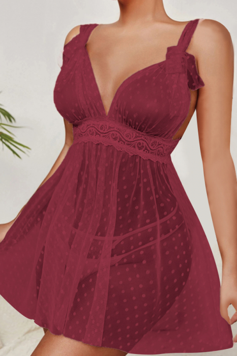 Set lenjerie sexy, rochita transparenta cu insertii dantela si chiloti tanga TY-S649visiniu [4]