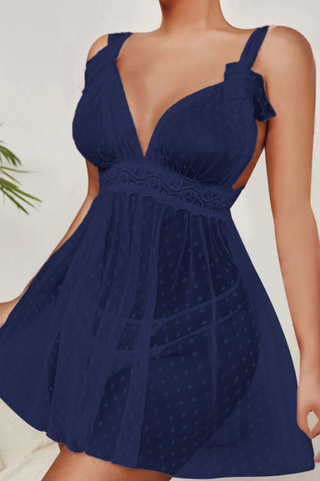 Set lenjerie sexy, rochita transparenta cu insertii dantela si chiloti tanga TY-S649bleumarin [4]
