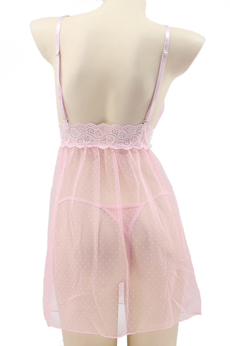 Set lenjerie sexy, rochita transparenta cu insertii dantela si chiloti tanga TY-S649roz inchis [3]