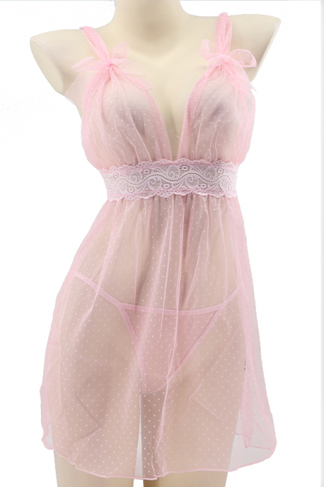 Set lenjerie sexy, rochita transparenta cu insertii dantela si chiloti tanga TY-S649roz inchis [2]