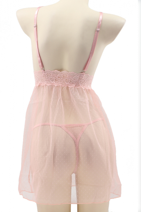 Set lenjerie sexy, rochita transparenta cu insertii dantela si chiloti tanga TY-S649roz deschis [3]