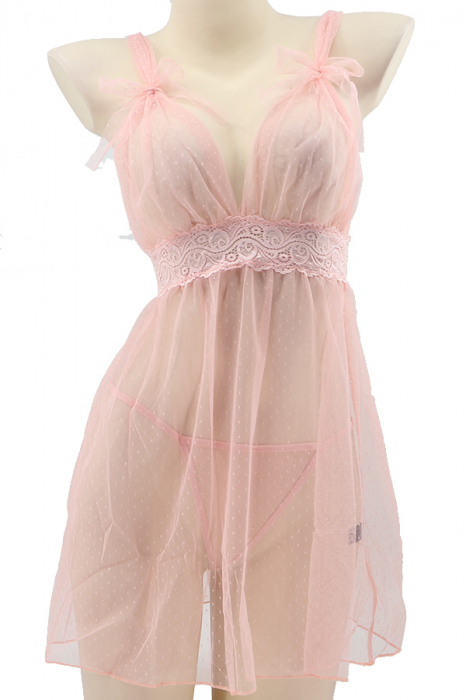Set lenjerie sexy, rochita transparenta cu insertii dantela si chiloti tanga TY-S649roz deschis [2]