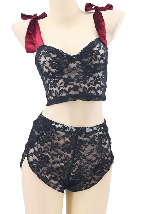 Set lenjerie sexy, top cu bretele din catifea si pantaloni scurti TY-LX87negru [2]