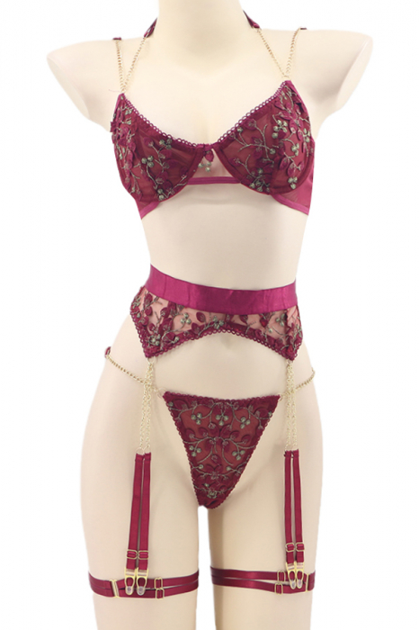 Set lenjerie sexy, sutien, chiloti tanga si portjartier cu jartiere detasabile TY-LX151visiniu [2]