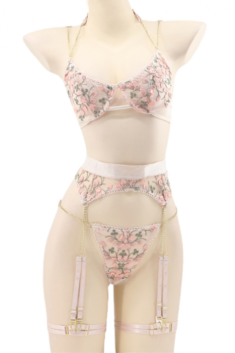 Set lenjerie sexy, sutien, chiloti tanga si portjartier cu jartiere detasabile TY-LX151crem [2]