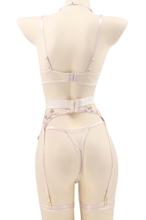 Set lenjerie sexy, sutien, chiloti tanga si portjartier cu jartiere detasabile TY-LX151crem [3]