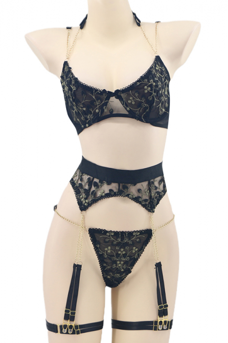 Set lenjerie sexy, sutien, chiloti tanga si portjartier cu jartiere detasabile TY-LX151negru [2]