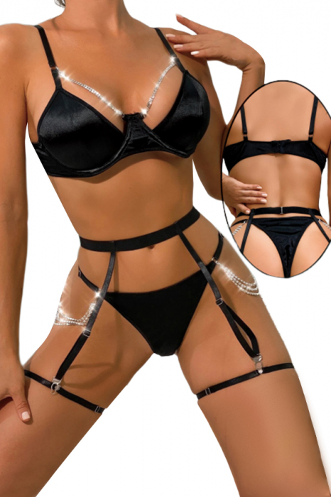 Set lenjerie sexy, sutien, chiloti tanga si portjartier cu jartiere detasabile TY-LX162negru [4]