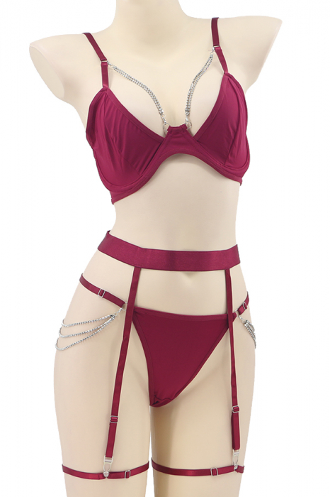 Set lenjerie sexy, sutien, chiloti tanga si portjartier cu jartiere detasabile TY-LX162visiniu [2]