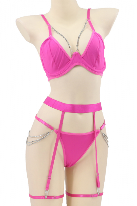 Set lenjerie sexy, sutien, chiloti tanga si portjartier cu jartiere detasabile TY-LX162roz inchis [2]