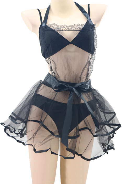 Set lenjerie sexy, sutien, rochita transparenta, cordon si chiloti clasici TY-S643negru [2]
