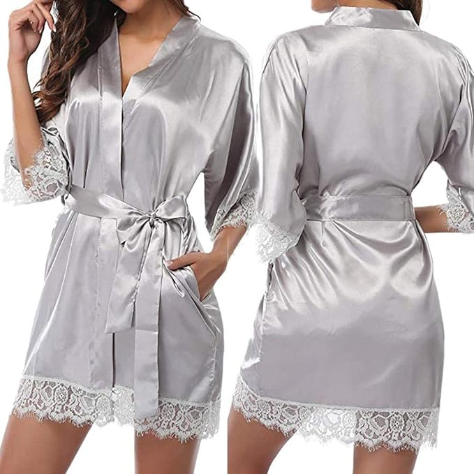 Set lenjerie erotica, halat din satin fin cu dantela, cordon si chiloti tanga MDD-Y092alb [2]