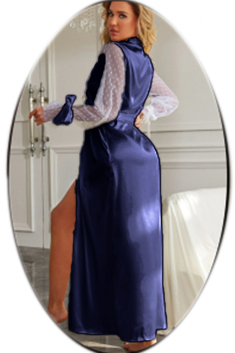 Set lenjerie sexy tip pijama, halat din satin, cordon, chiloti tanga si panglica maini TY-691bleumarin [2]