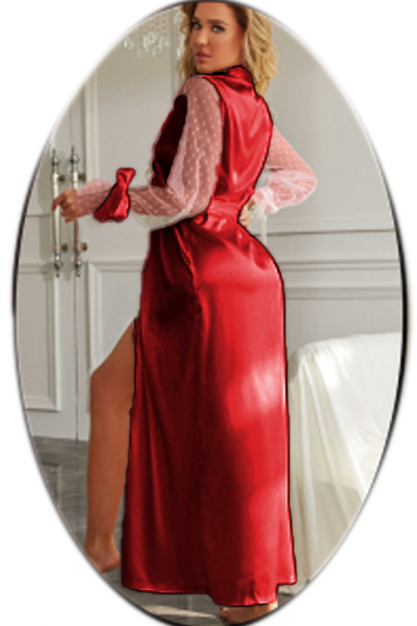 Set lenjerie sexy tip pijama, halat din satin, cordon, chiloti tanga si panglica maini TY-691visiniu [2]