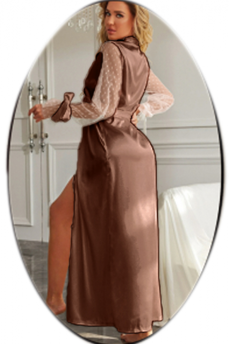 Set lenjerie sexy tip pijama, halat din satin, cordon, chiloti tanga si panglica maini TY-691maro [2]