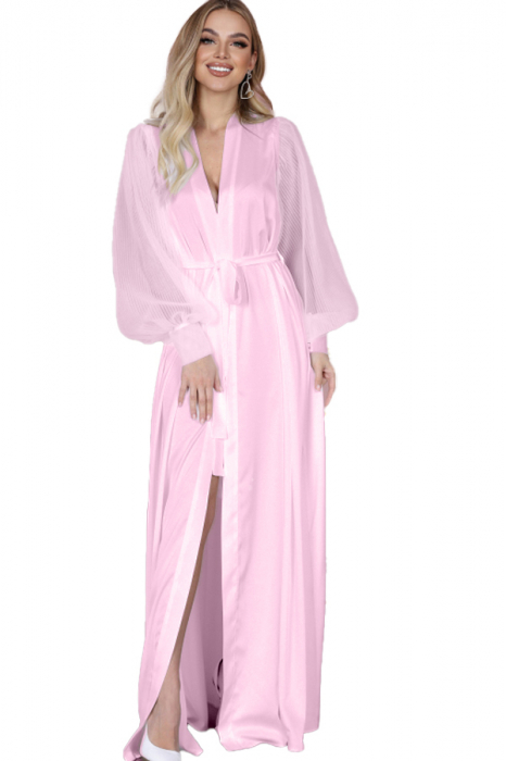 Set lenjerie sexy tip pijama, halat din satin matasos, cordon si chiloti tanga TY-694roz [1]