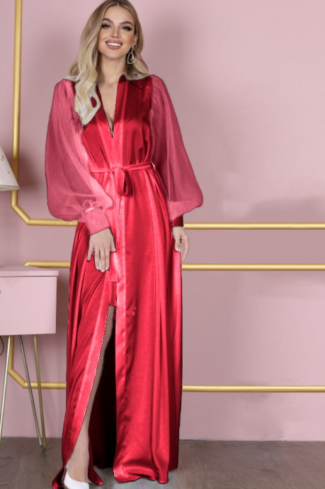 Set lenjerie sexy tip pijama, halat din satin matasos, cordon si chiloti tanga TY-694visiniu [3]