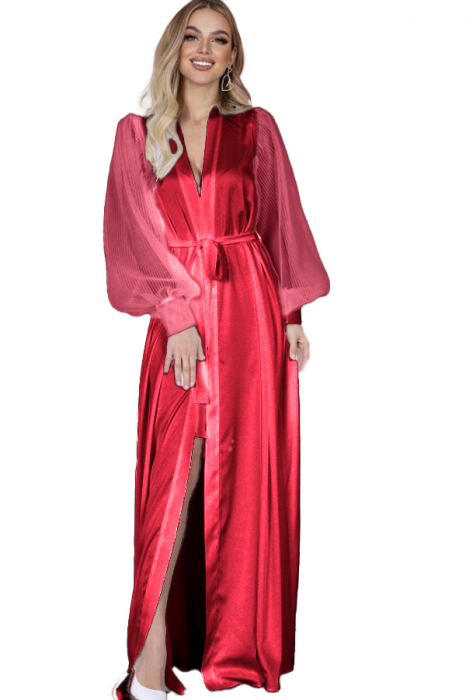 Set lenjerie sexy tip pijama, halat din satin matasos, cordon si chiloti tanga TY-694visiniu [1]