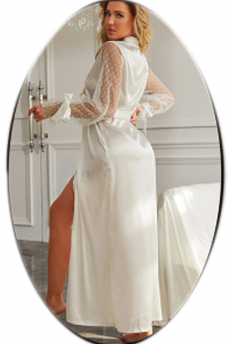 Set lenjerie sexy tip pijama, halat din satin, cordon, chiloti tanga si panglica maini TY-691alb [2]